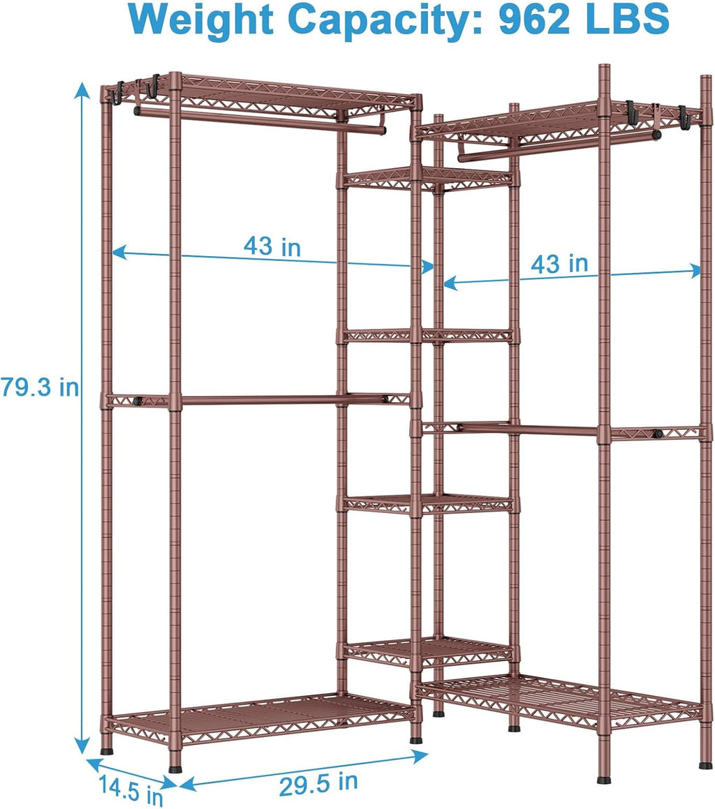 Ulif E4 Clothes Rack, Heavy-Duty Garment Rack, Metal Freestanding Clothing Organization Storage System Can Be L-Shaped with Shelves and Hangers, Max Load 962lbs, 71.6' W x 14.5' D x 79.3' H, Bronze