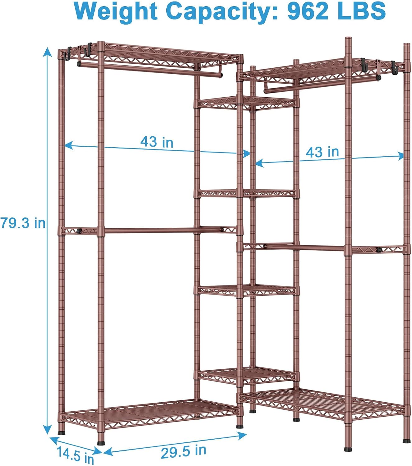 Ulif E4 Clothes Rack, Heavy-Duty Garment Rack, Metal Freestanding Clothing Organization Storage System Can Be L-Shaped with Shelves and Hangers, Max Load 962lbs, 71.6' W x 14.5' D x 79.3' H, Bronze