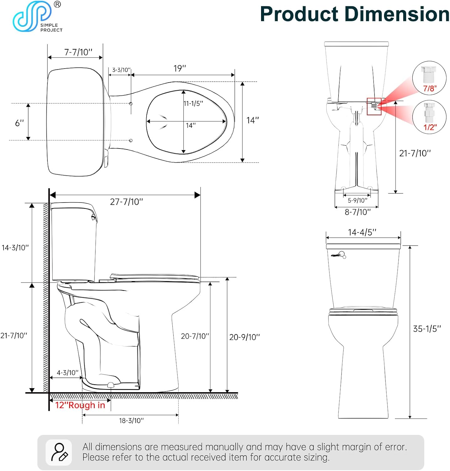 Simple Project 21 Inch Tall Toilet Bowls for Seniors, Extra High Elongated Toilets, Comfort Height Toulet, Seat Height 22', Powerful 1.28 Gpf Single Flush, 12 Inch Rough-in, White, for Bathroom
