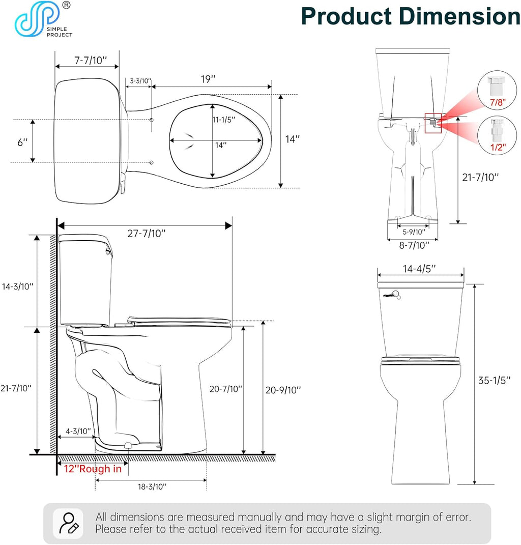 Simple Projet Tall Toilets for Seniors 21 inch Extra High Toilets, Comfort Bowl Heigh 21', Seat Height 22', Two-Piece Toilet 1.28GPF Powerful, 12 Inch Rough-in, White Color, for Bathroom