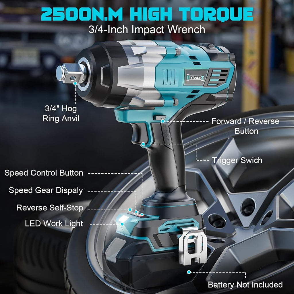 DIYtoolifz 3/4' Cordless Impact Wrench Compatible with Makita 18V Battery: 1850FT-LBS(2500N.m) High Torque Impact Driver, Auto-Stop Reverse, 4-Speed Heavy Duty Impact for Car/Truck/Mower(Bare Tool)