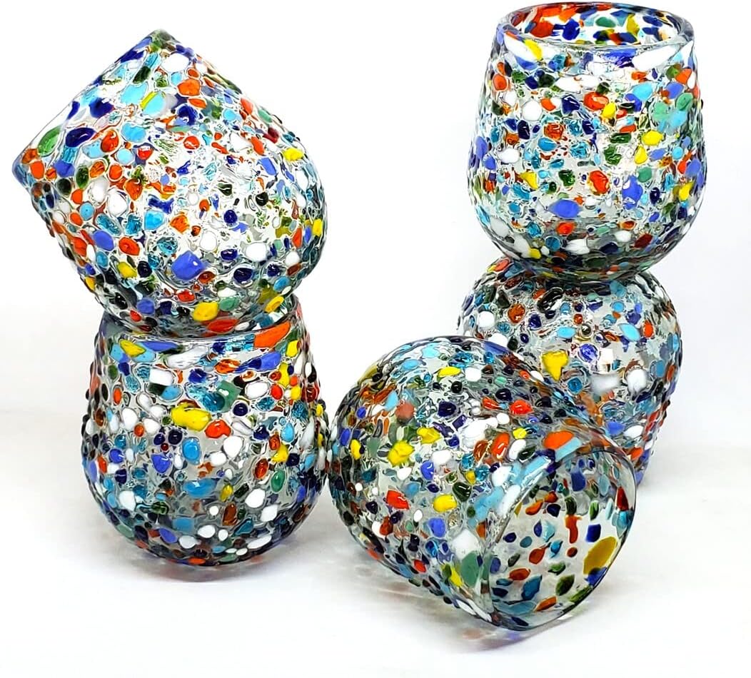 Confetti Rocks 16 oz Stemless Wine Glasses (set of 6), Recycled Glass, Lead-free, Toxin-Free (16oz Stemless)