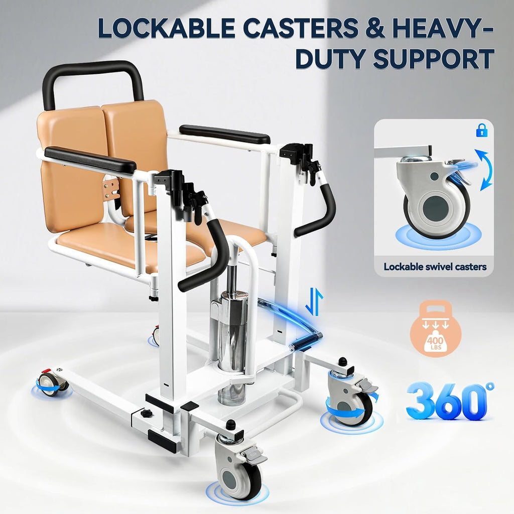 Patient Lift Transfer Chair, 6 in 1 Hydraulic Patient Lift Chair with 180°Split Seat, Height Adjustable Commode Wheelchair Transfer with 4 Locking 360°Swivel Casters for Home Elderly Handicapped