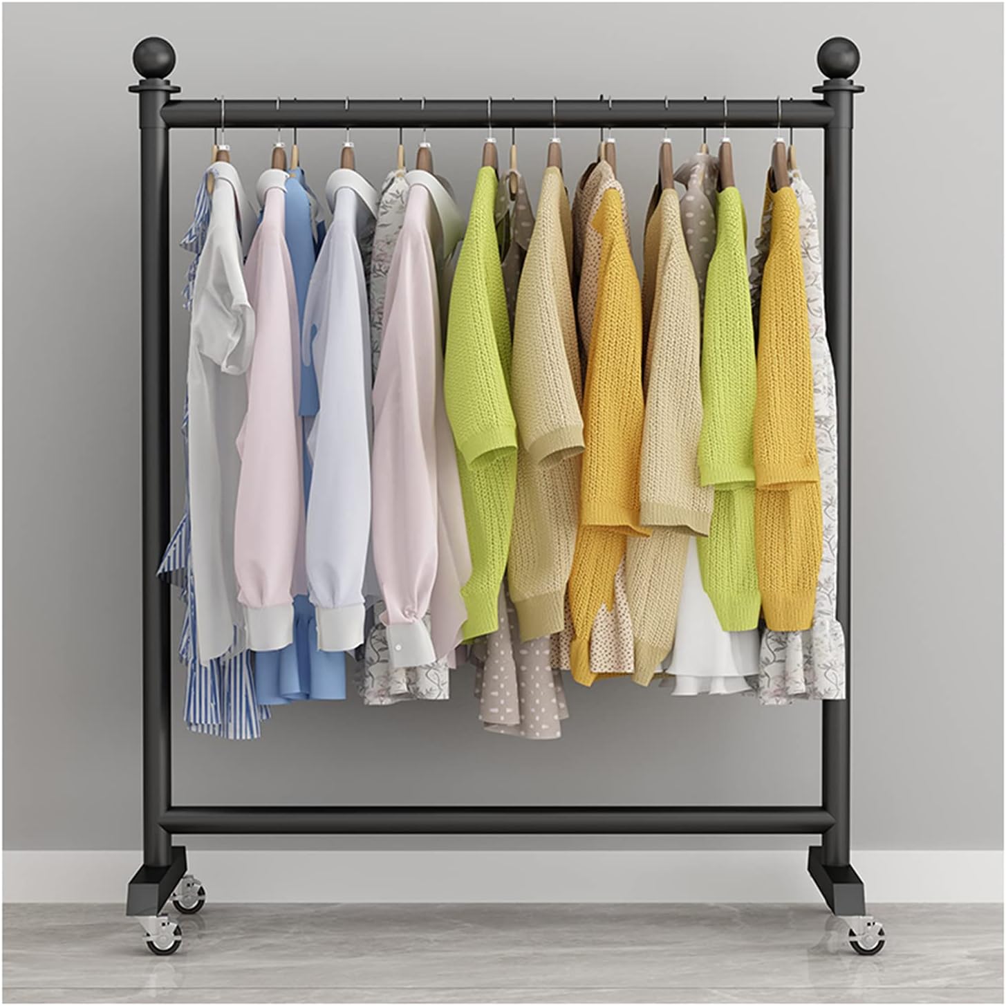 Garment Rack Nordic Modern Metal Rolling Garment Rack With Wheel, Retail Display Clothing Rack, Wrought Iron Single Rod Hanging Clothes Rack，Bedroom Living Room Floor-S(Size:100x40x155CM,Color:Black)