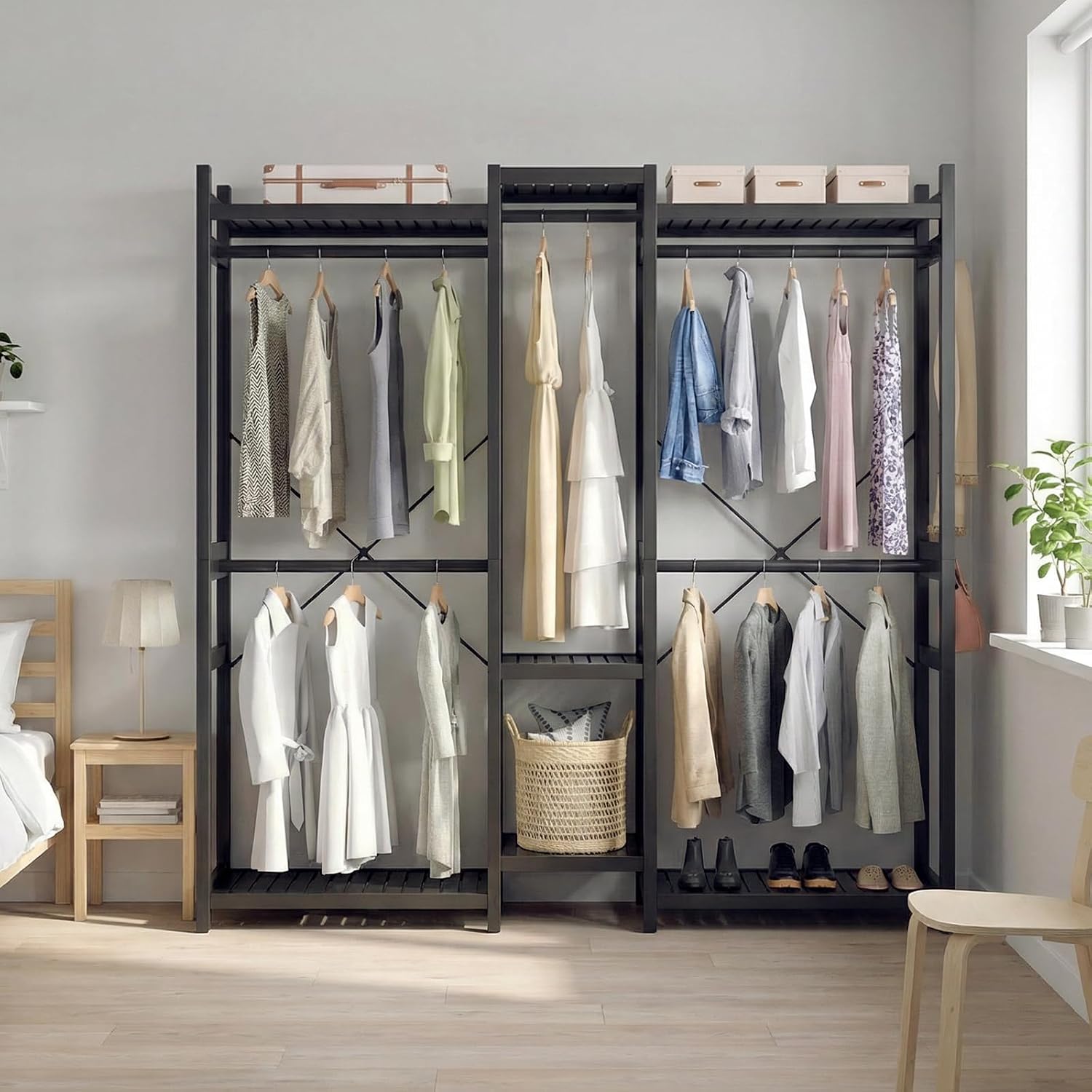 Homykic Bamboo Closet System, Large Clothing Rack for Hanging Clothes, Freestanding Clothes Rack with 7 Shelves & 5 Hanging Rods, Open Wardrobe Closet Organizer Garment Rack with 4 Hooks, Dark Black