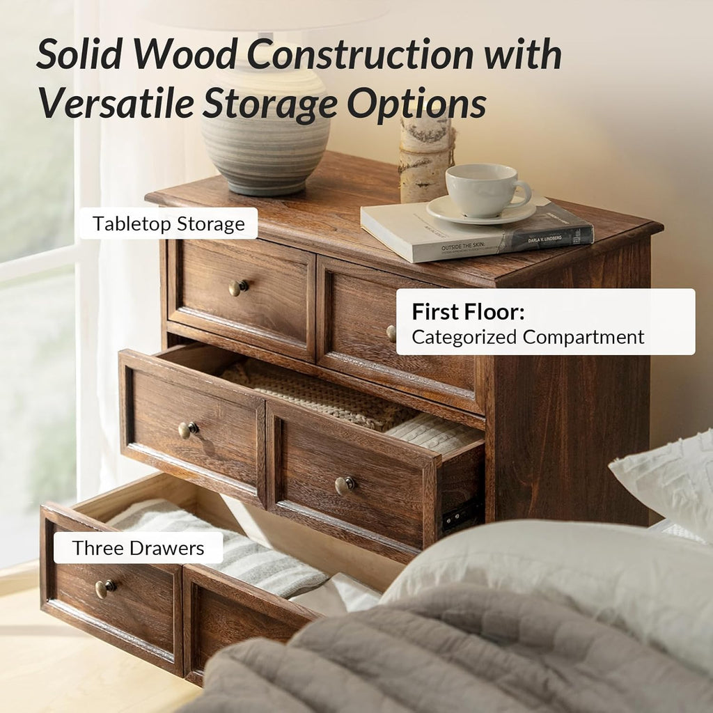 HULALA HOME 3-Drawer Nightstand with Charging Station, Drawer Organizer with Wood Legs, Farmhouse Solid Wood Nightstand Set of 2(Walnut)