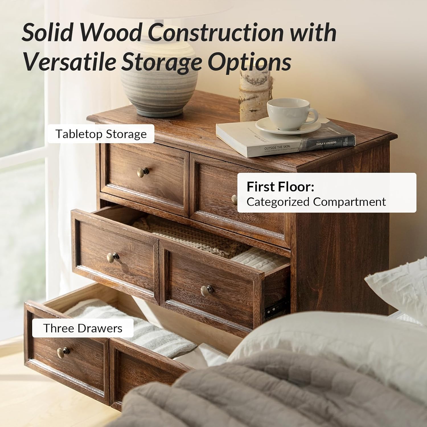 HULALA HOME 3-Drawer Nightstand with Charging Station, Drawer Organizer with Wood Legs, Farmhouse Solid Wood Nightstand Set of 2(Walnut)