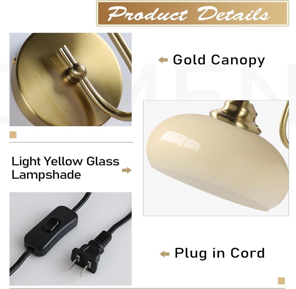 KCO Lighting Small Yellow Glass Wall Sconces Plug in Goose Neck Wall Light Vintage Brass Gold Wall Sconces Set of Two Mid Century Wall Lighting for Bathroom Stairway