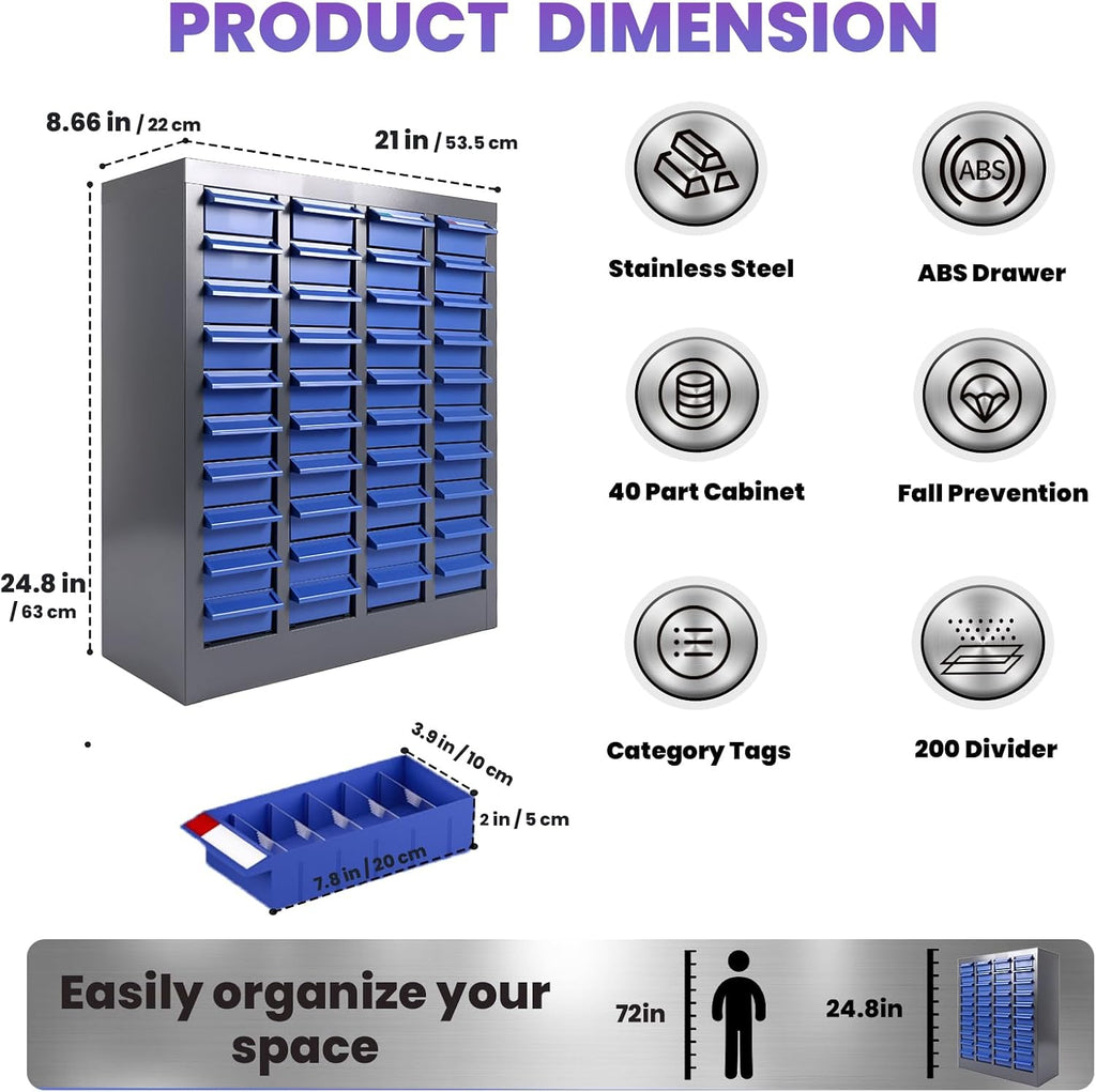 40 Drawer Workshop Parts Storage Cabinet with Drawer Organizers - Tool Box Organizer for Garage Shelving & Workspace Organization Single Drawer 7.8×3.9×2 Inches