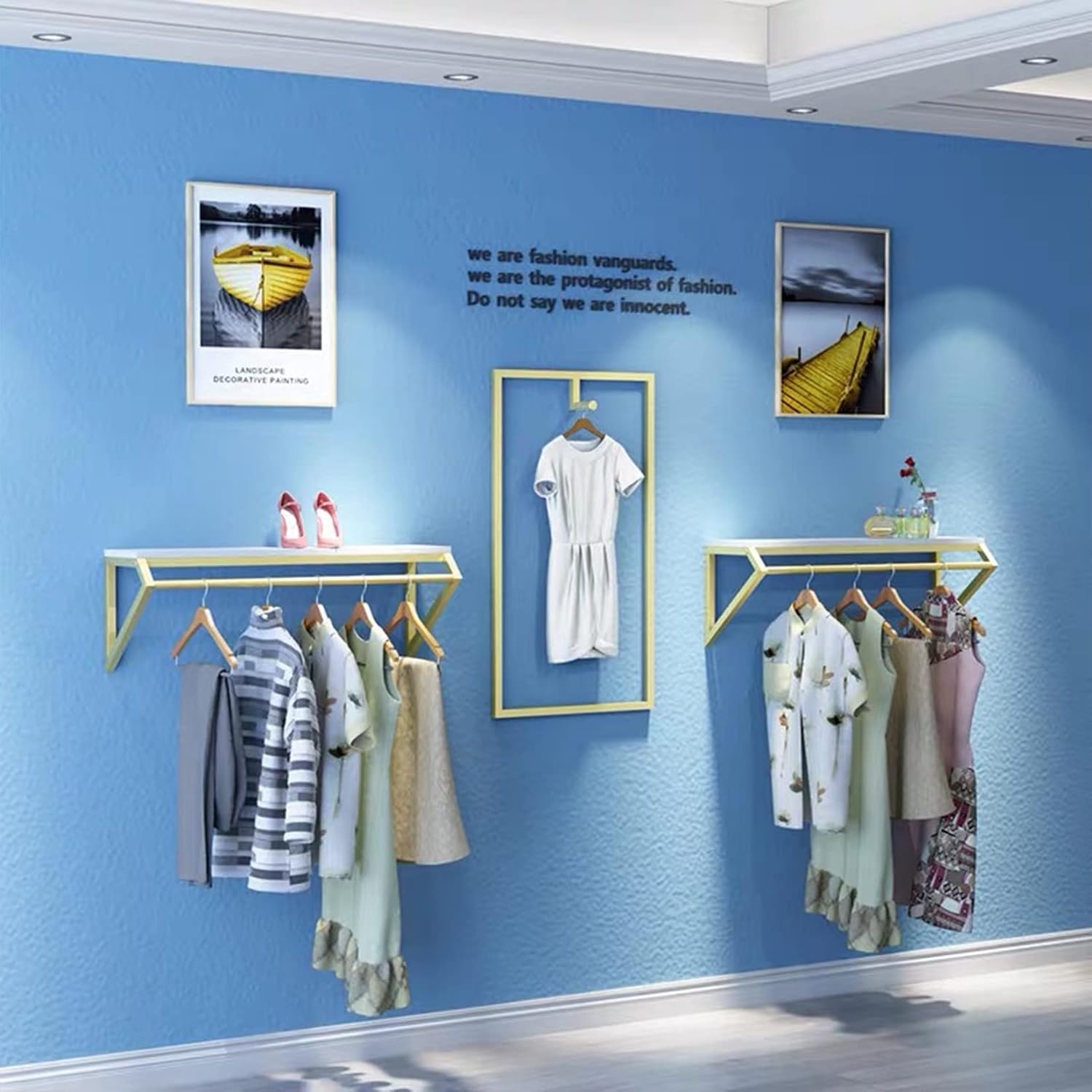 Modern Simple Men's and Women's Clothing Store Heavy Duty Metal Display Shelf,Wall-Mounted Garment Rack with Wood,Clothes Rail,Bathroom Hanging Towel Rack (Gold Square Tube, B-39 L)