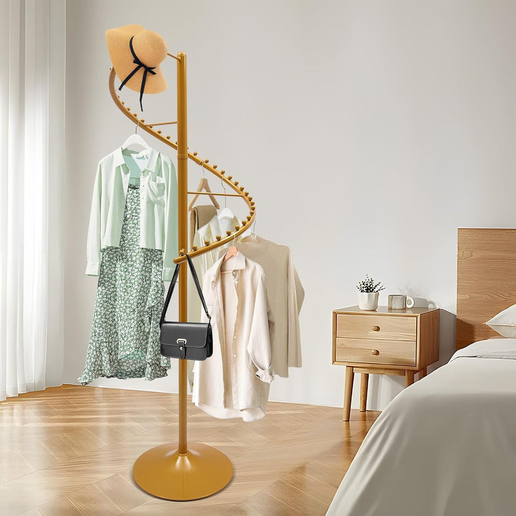 Spiral Rotating Clothing Rack, 360° Spiral Retail Costumer Heavy Duty Garment Rack with 38 Ball for Retail Stores, Bedroom, Living Rooms (Gold)
