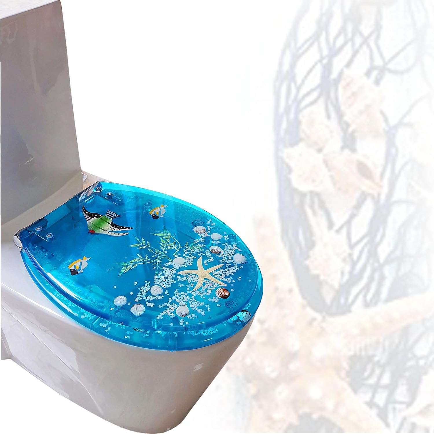 Toilet Seat Elongated with Cover Soft Close, Silent Slow Drop, Ergonomic Design Toilet Lid Suitable to Elongated or Oval Toilets, 3D Effects Decorative(Blue Bream)
