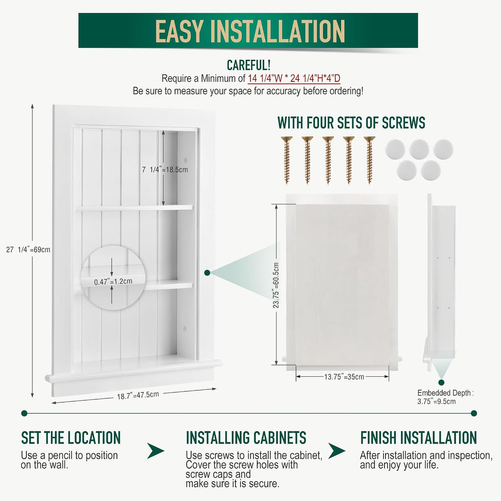 14 x 24 Medicine Cabinet Recessed, Wall Niche, Bathroom Wall Cabinet, 3-Tier, Between Studs Shelving for Drywall, White