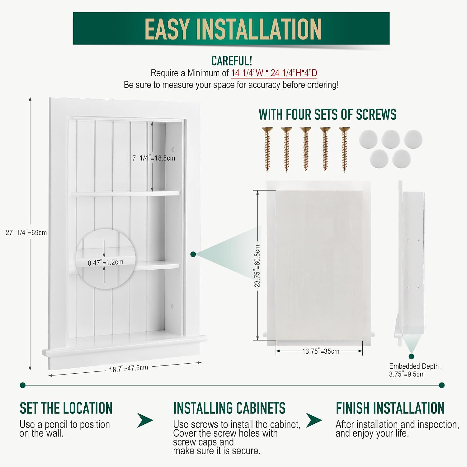 14 x 24 Medicine Cabinet Recessed, Wall Niche, Bathroom Wall Cabinet, 3-Tier, Between Studs Shelving for Drywall, White