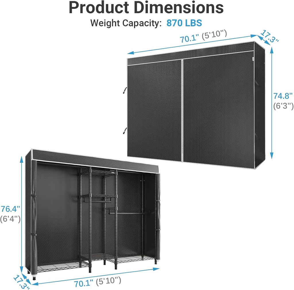 VIPEK Classic V6C Heavy Duty 5 Tiers Wire Garment Rack Large Size Wardrobe Closet Black Metal Clothing With Oxford Fabric Cover, 70.1' L x 17.3' W x 76.4' H, Max Load 870 LBS