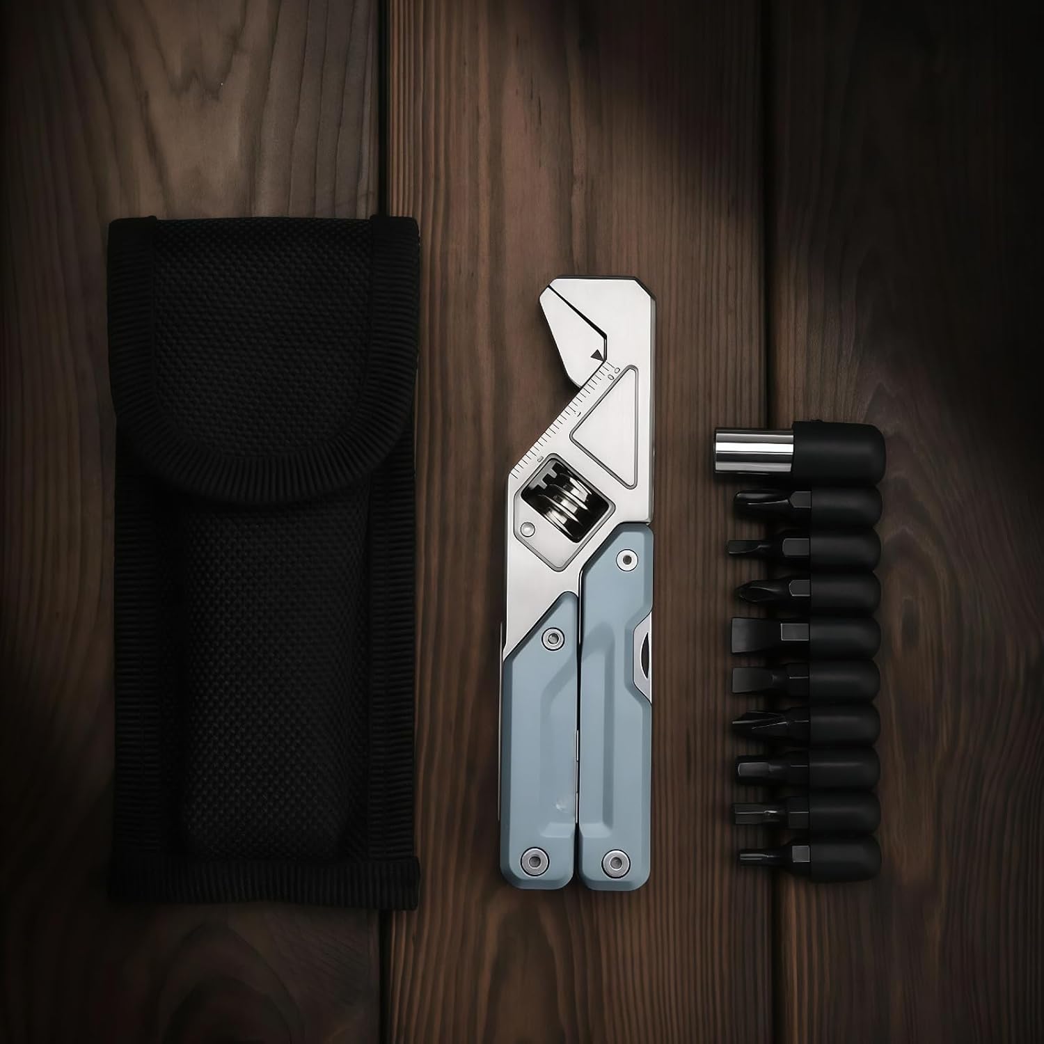 Multitools, 8-in-1 Full-Size, Lightweight EDC, Multi-Purpose Pliers, Small Wrench, Nylon Bag, Portable Tools, Men Gift Ideas, Equipment for Emergencies, Hiking, and Outdoor Camping (Blue)