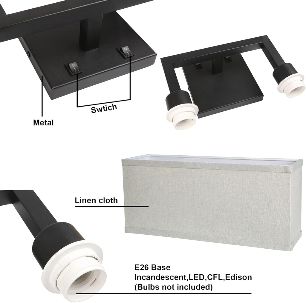 Yosoan Set of 2 Linen Fabric Boho Wall Sconce Bedside Light with On Off Switch, 2-Light Finished Hardwired Vintage Industrial Dual Wall Mount Lamp Square Shade for Bedroom Living Room Stairwell(Black)