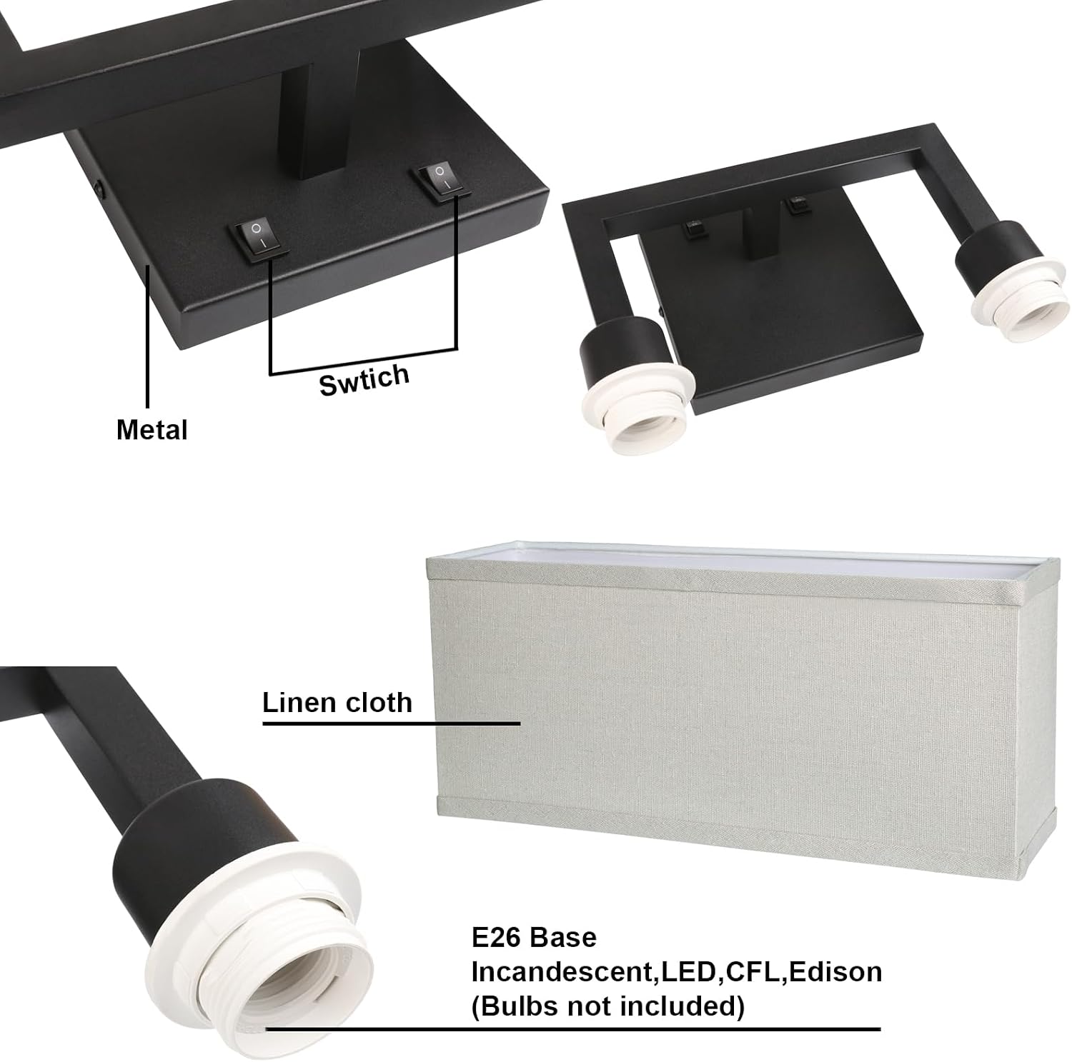 Yosoan Set of 2 Linen Fabric Boho Wall Sconce Bedside Light with On Off Switch, 2-Light Finished Hardwired Vintage Industrial Dual Wall Mount Lamp Square Shade for Bedroom Living Room Stairwell(Black)