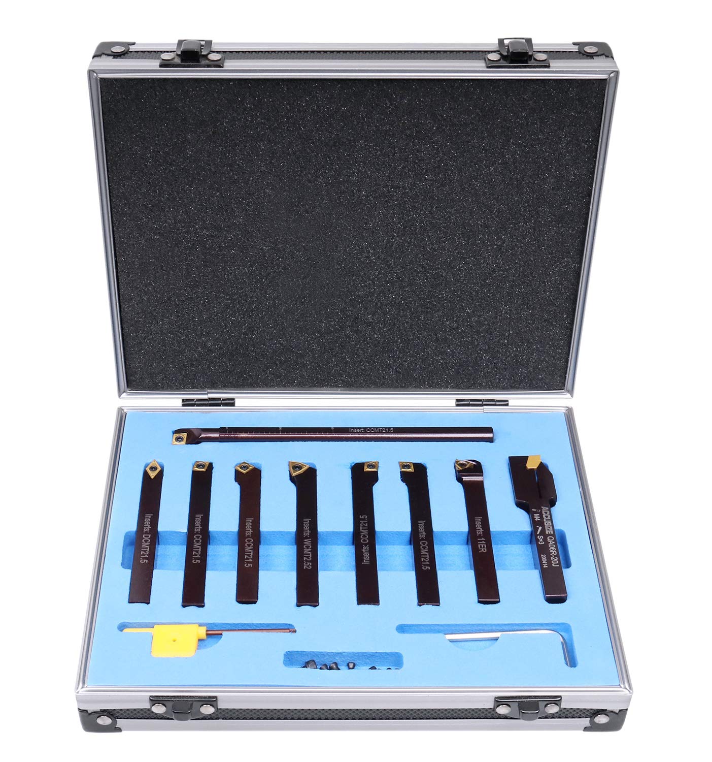 Accusize Industrial Tools 3/8' 9 Pieces/Set, Indexable Carbide Turning Tools and Boring Bar, 2988-0038 | 3/8' Shank 9pc Indexable Carbide Turning Tool & Boring Bar Set, C6 Grade Carbide TiN-Coated Inserts for Cutting Steel