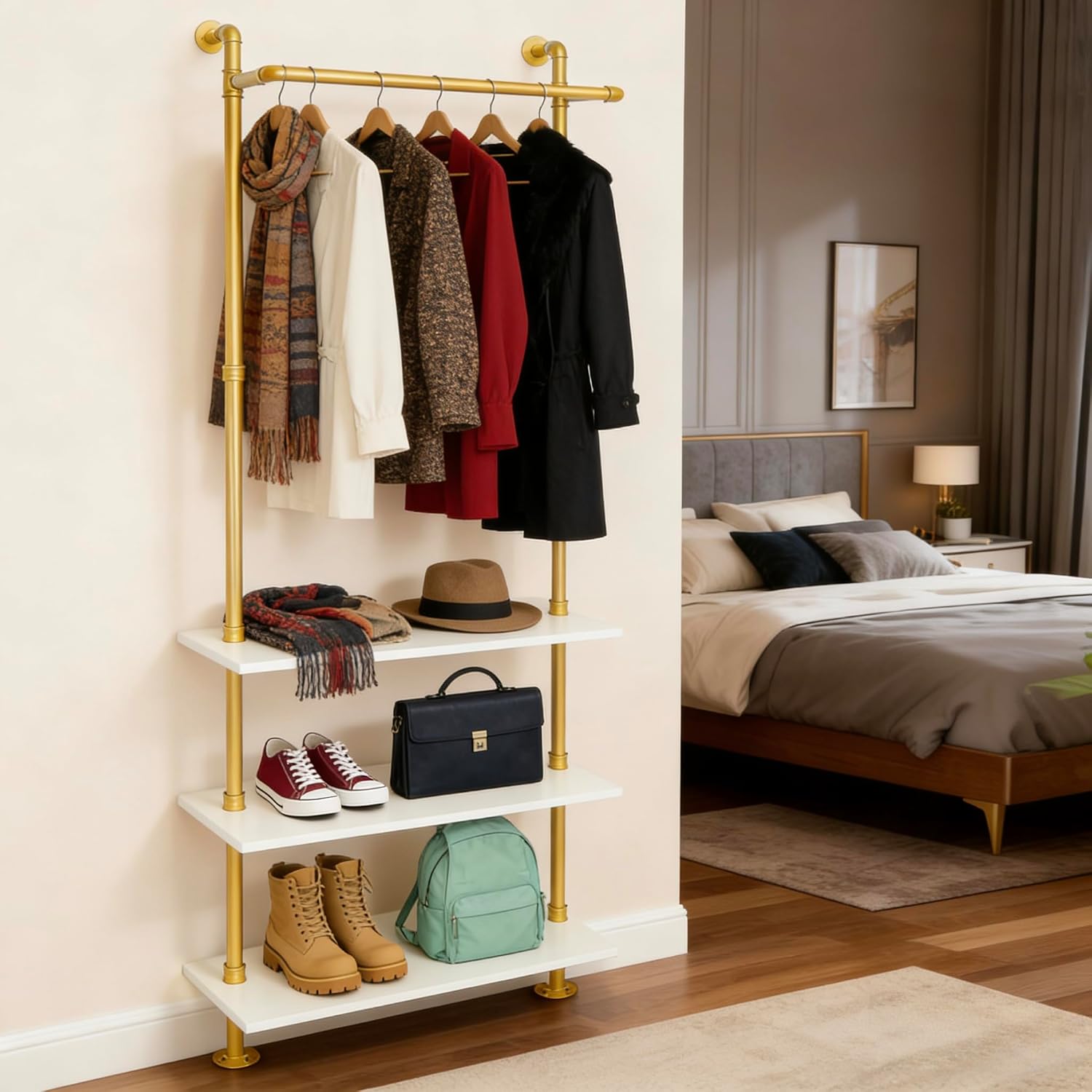 Gold Clothing Racks Wall Mounted Metal Clothes Rack with 3 Wood Shelves, Display Retail Clothing Garment Rack and Walk In Closet for Hanging Clothes Heavy Duty for Boutiques, Wardrobe, Bedroom