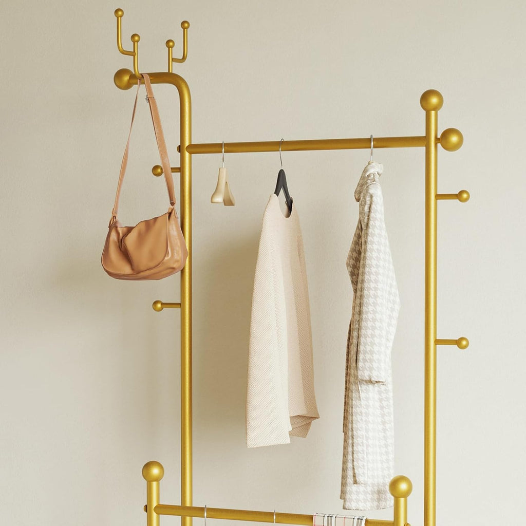 Gold clothing rack marble base,Heavy Duty Clothes Rack for Hanging Clothes,Double Rail Garment Rack with Hooks for Home Retail Boutique (gold)