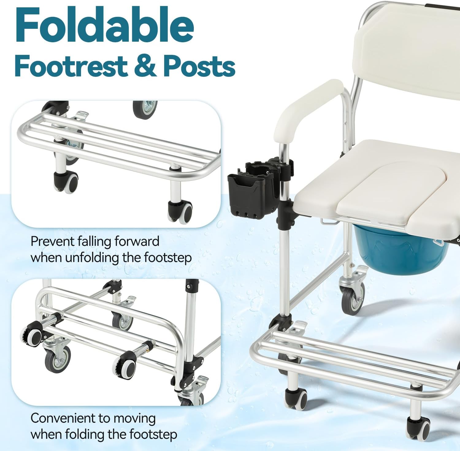 4-in-1 Bedside Commode Chair, Shower Wheelchair for Elderly and Disabled, Rolling Transport Toilet Chair with 4 Lockable Wheels, Anti-Tipping Rollout Footrest, Full Accessory Pack, White