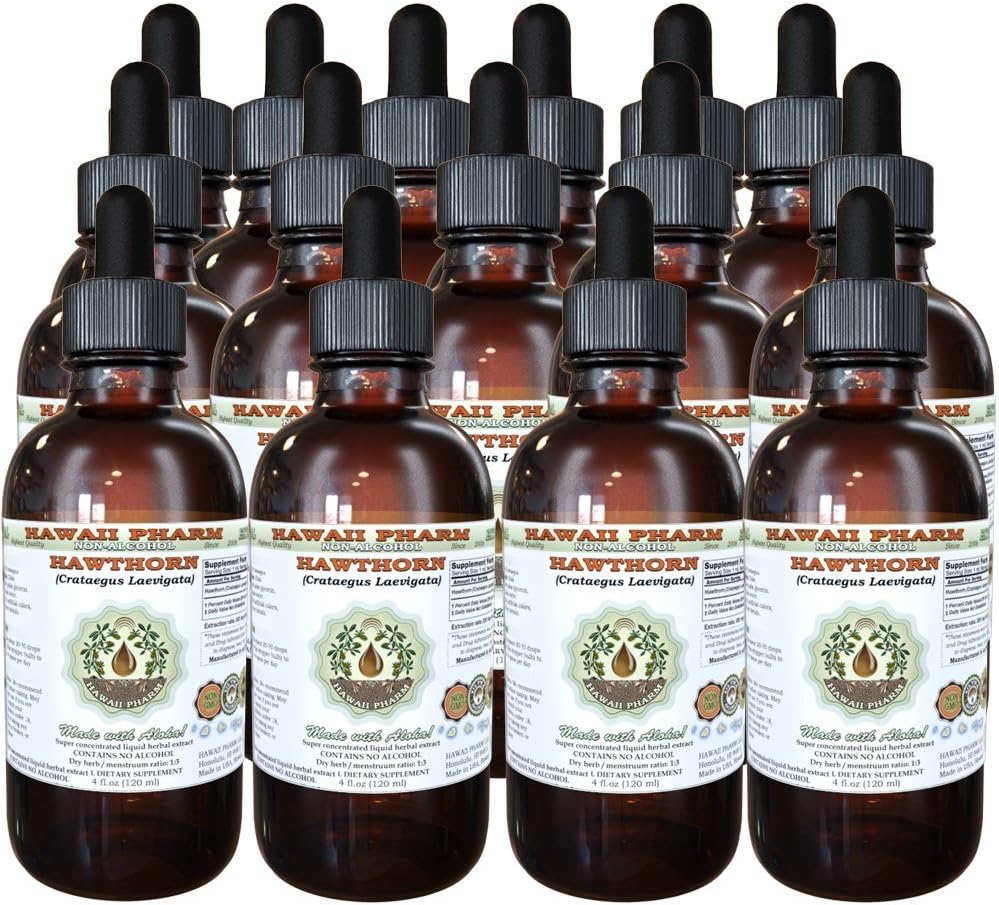 Hawaii Pharm Hawthorn Alcohol-Free Liquid Extract, Hawthorn (Crataegus Laevigata) Dried Leaf, Flower and Stem Glycerite Natural Herbal Supplement 15x4 oz