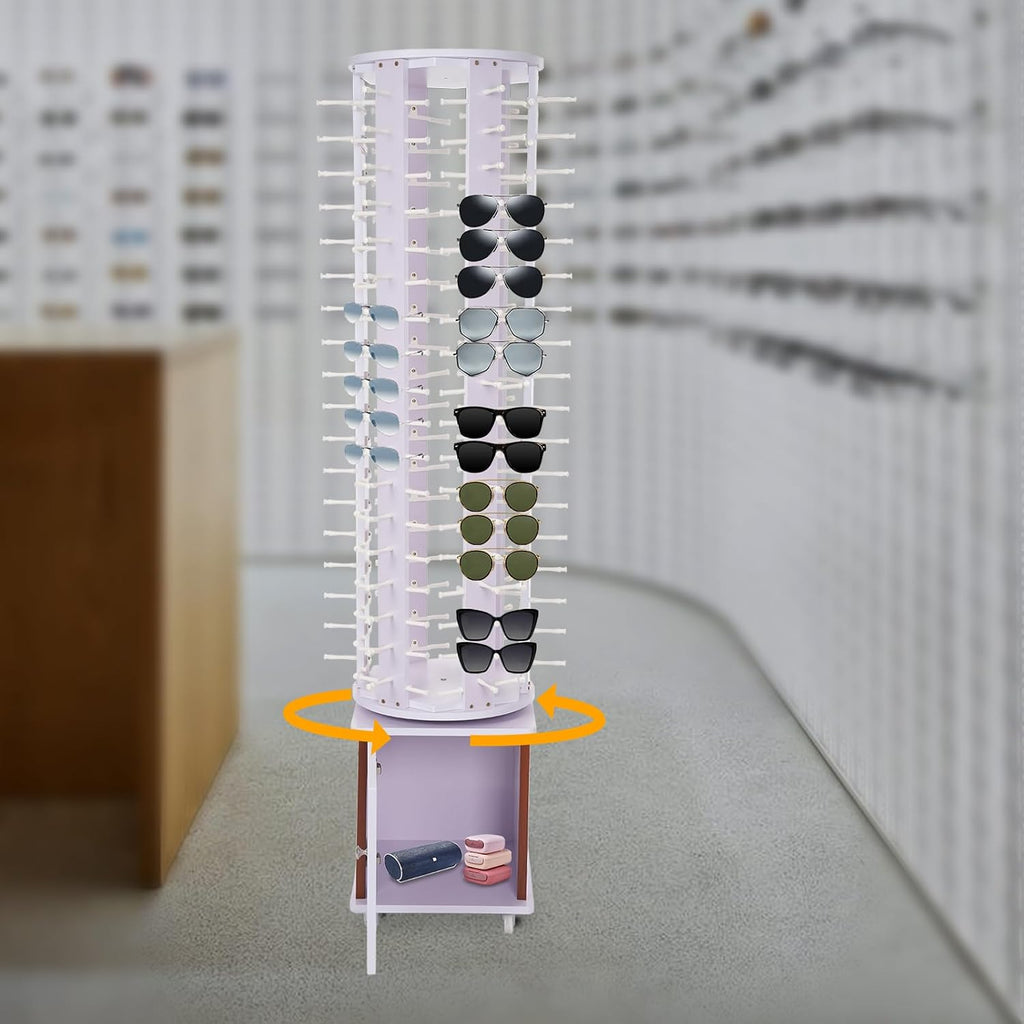 108 Pairs Glasses Sunglasses Display Stand, 360° Rotating Glasses Storage Display Rack with Cabinet, Floor Sunglasses Display Rack with Wheels, 66.14in Height with Wheels (Light Purple)