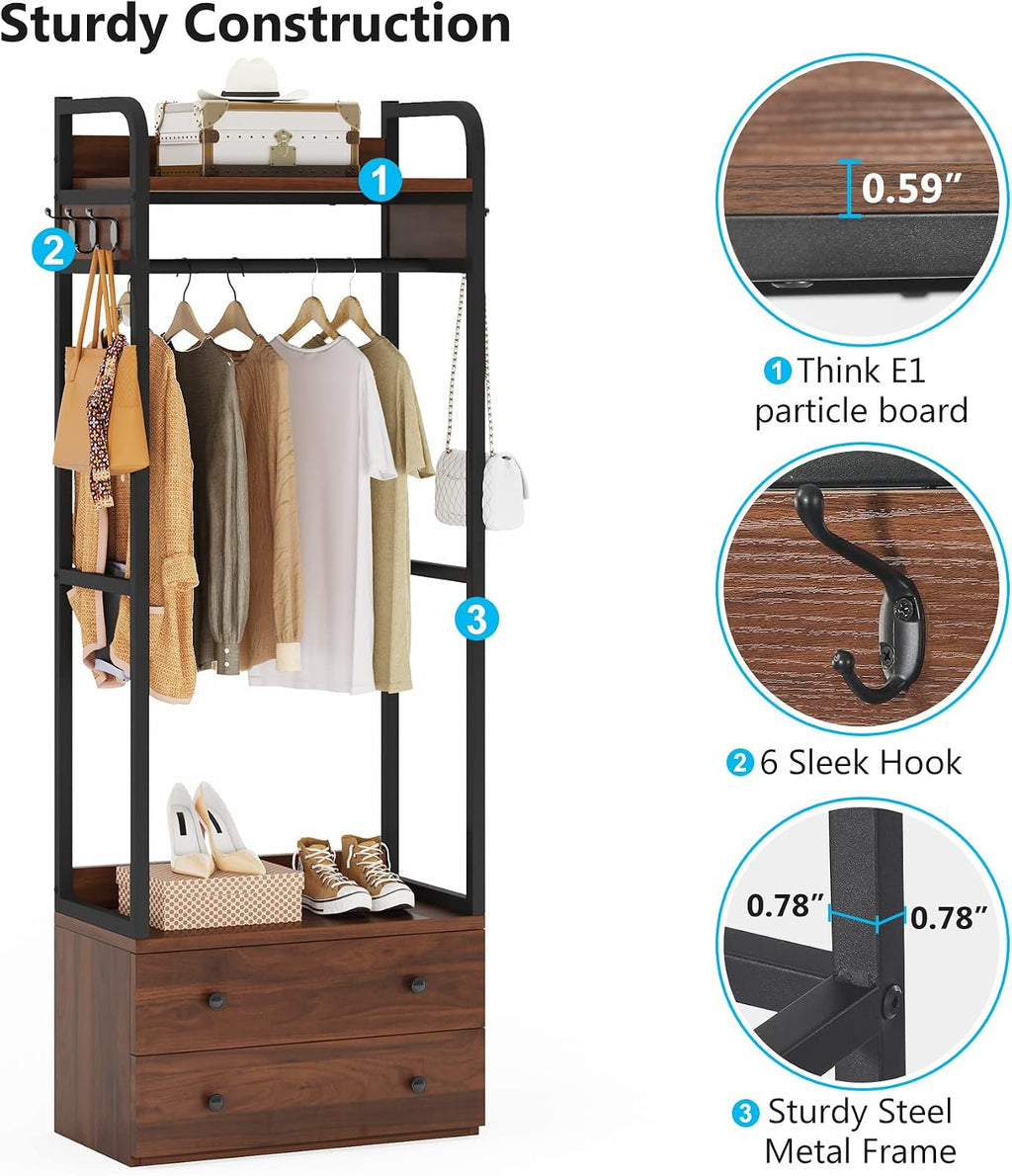 Tribesigns Freestanding Closet Organizer Small Clothes Rack with Drawers and Shelves, Heavy Duty Coat Rack Small Garment Rack Industrial Hall Tree for Entryway, Bedroom