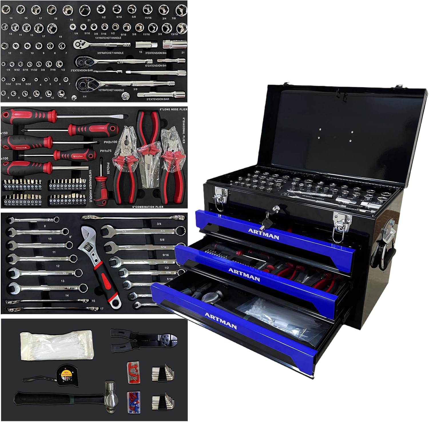 3 Drawer Tool Chest 439-Piece Mechanics Tool Set with Lock, Portable Household Tool Kit Heavy Duty Metal Tool Box for Garage, Warehouse,Workshop and Auto Repair (Blue)