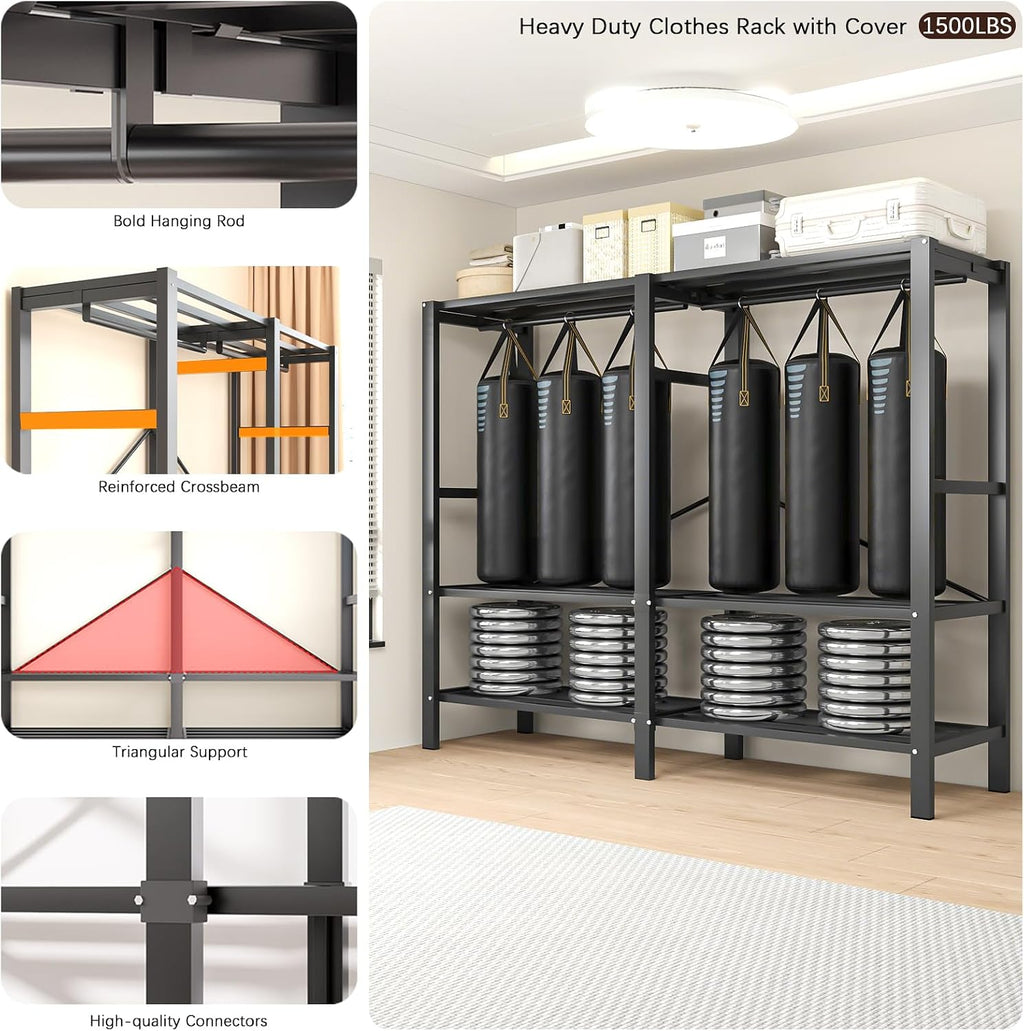 Garment Rack with Cover, Heavy Duty Portable Wardrobe Closet 2000LB, Foldable Clothe Rack with Wheel, Clothes Rack for Hanging, Amoires Clothing Coat Storage Rack (Coffee-Zipper, 75in)