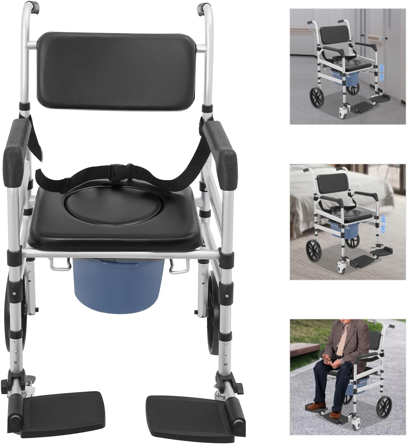 Foldable Shower Chair, Shower Wheelchair with Lockable Wheels Rolling Bedside Commode for Toilet with Height Adjustable & Sponge Padded Seat for Elderly Support 330lbs+Extra Cushion (O-Shape)