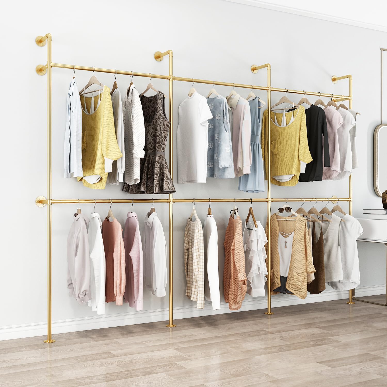 Industrial Pipe Clothing Rack, Heavy Duty Metal Clothes Rack with Double Rods for Hanging Clothes, Wall Mount Space-Saving Garment Display Rack (Three, Gold)