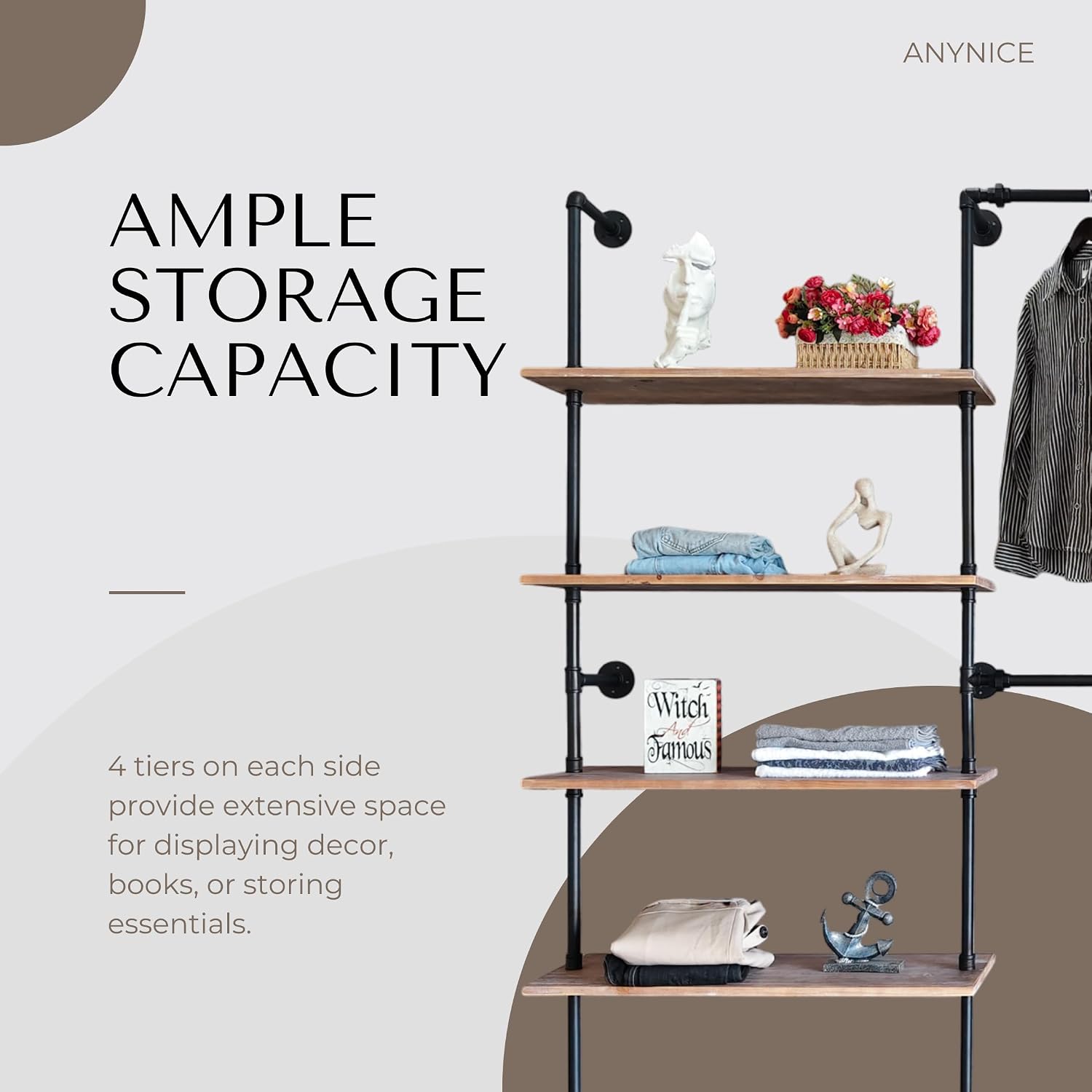 Industrial Pipe Clothing Rack Wall Mounted, DIY Custom Closet System with Shelves, Heavy Duty Garment Hanging Rack for Walk in Closet, Laundry Room, Retail Display, 14.6 x 112.6 x 82.7 in, Y03