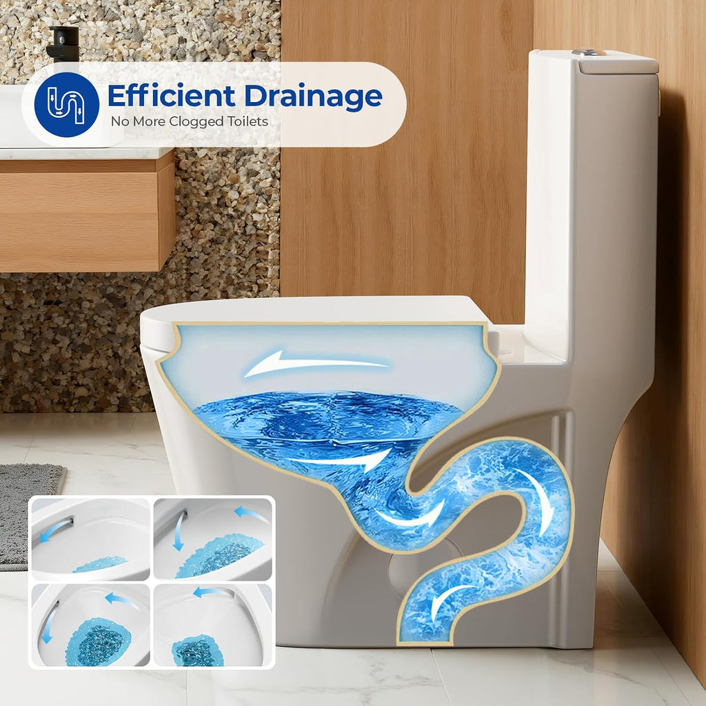 Standard One Piece Toilet with Powerful Flush, Dual Flush 0.87/1.45 GPF, Comfort Height Bathroom Toilet, Modern White Ceramic Commode with Soft-Close Seat and Lid, Easy-clean, 12' Rough-In