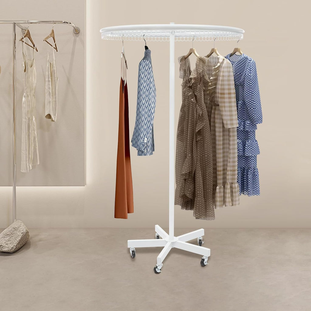 Rotatable Round Clothes Rack 360°Rotating Round Clothing Rack with Wheels Garment Display Racks for Shopping Centers, Clothing Stores 66lbs Capacity 45.7-74.8in Adjustable Height (White)