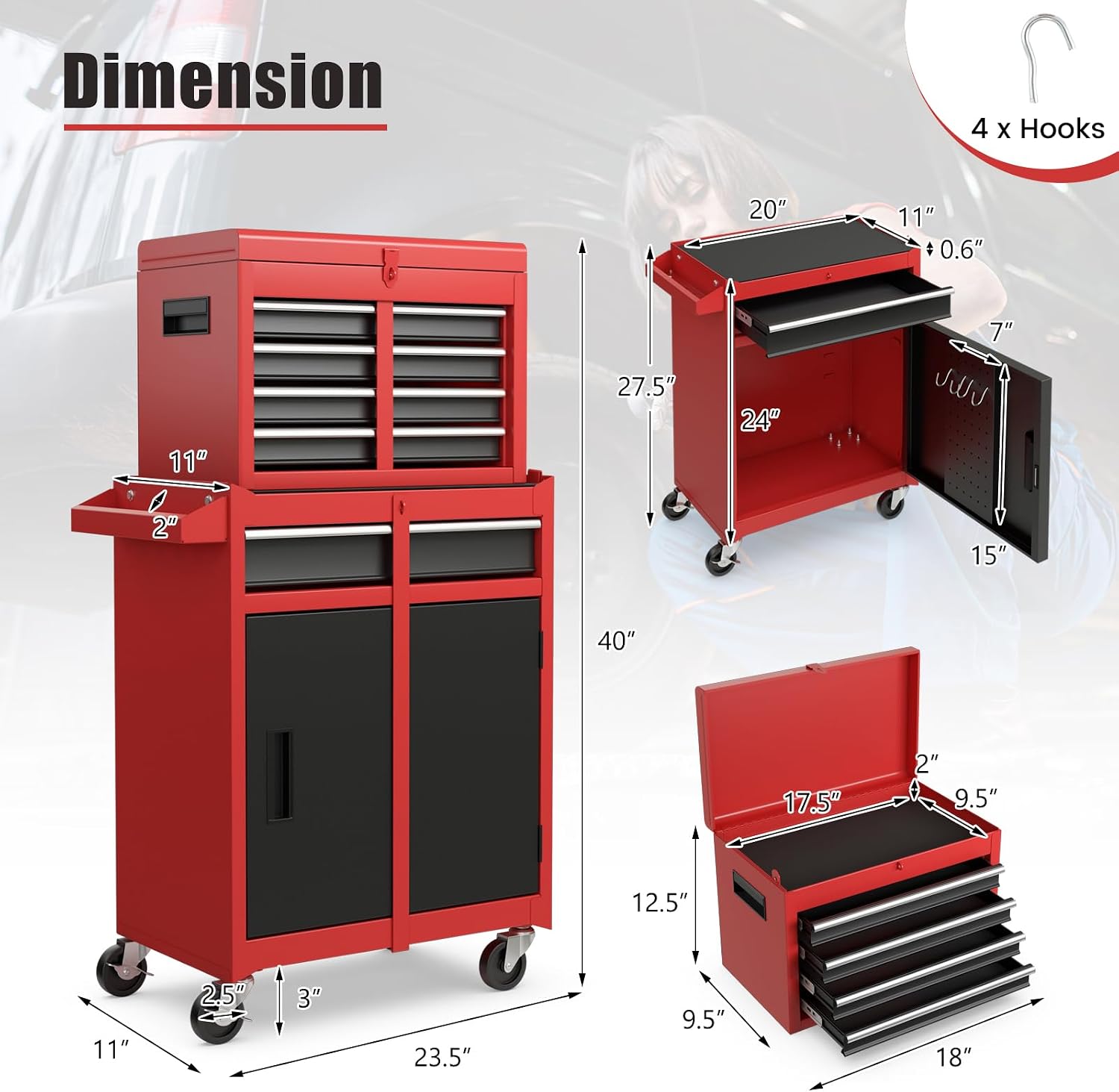 IRONMAX 5-Drawer Rolling Tool Chest, 2-in-1 Detachable Heavy Duty Tool Box Storage Cabinet with Auto Lock, Adjustable Shelf & Hooks, Metal Toolbox on Wheels for Garage Workshop (Black & Red)