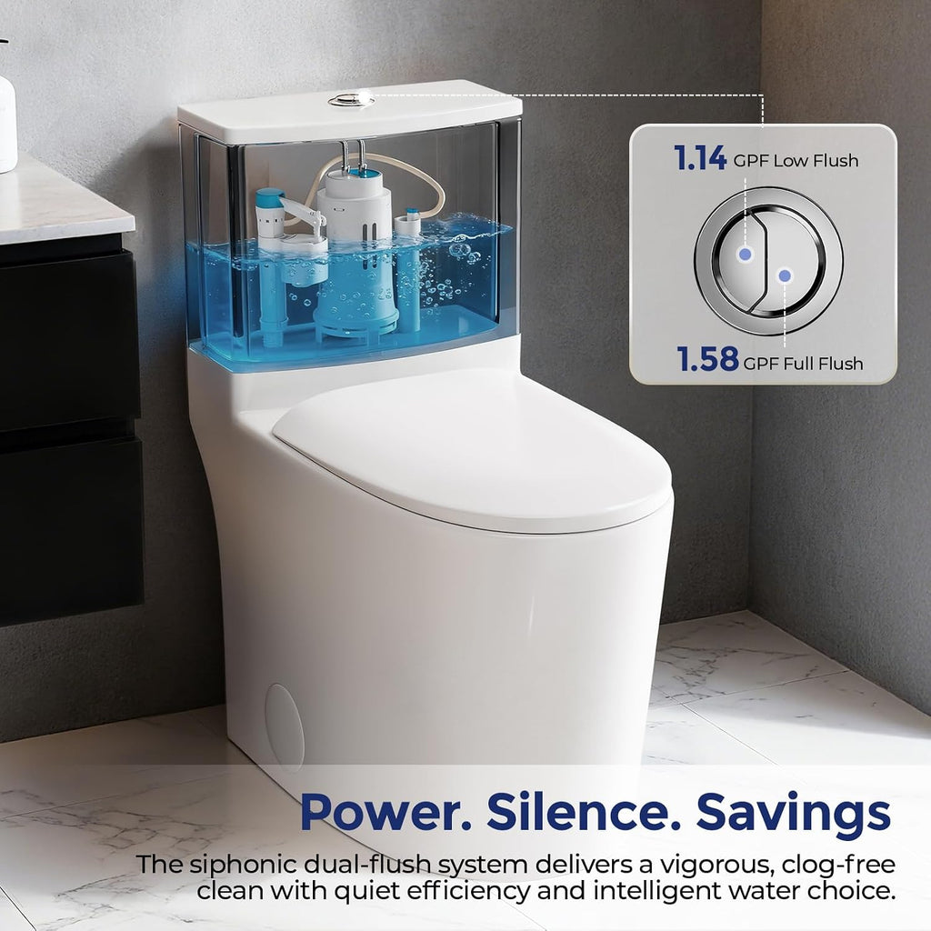 17'' ADA Comfort-Height One Piece Toilet,Soft-Close Seat, Dual Flush Siphon 1.14/1.58 GPF,White Toilet Bowl for Bathroom,Easy-Access Comfort-Rise Design