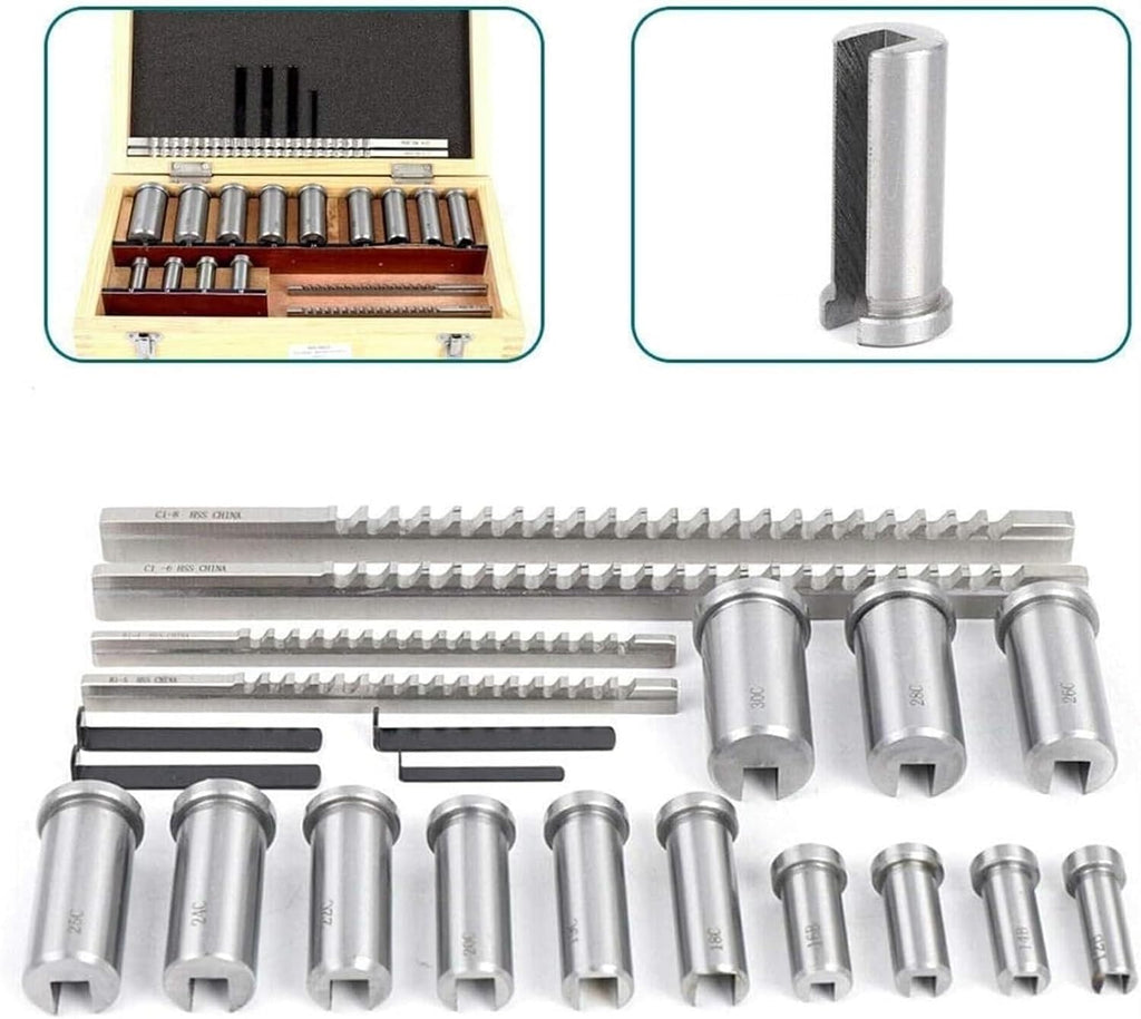 PUCHEN Metal Lathe Wood Splitting Drill Bit Keyway Broach Kit, 22 Pieces Keyway Broach Set with Collar, Shim Sets in Equipped Box, High Speed Steel Material, Industrial Tools, PUCHEN1234