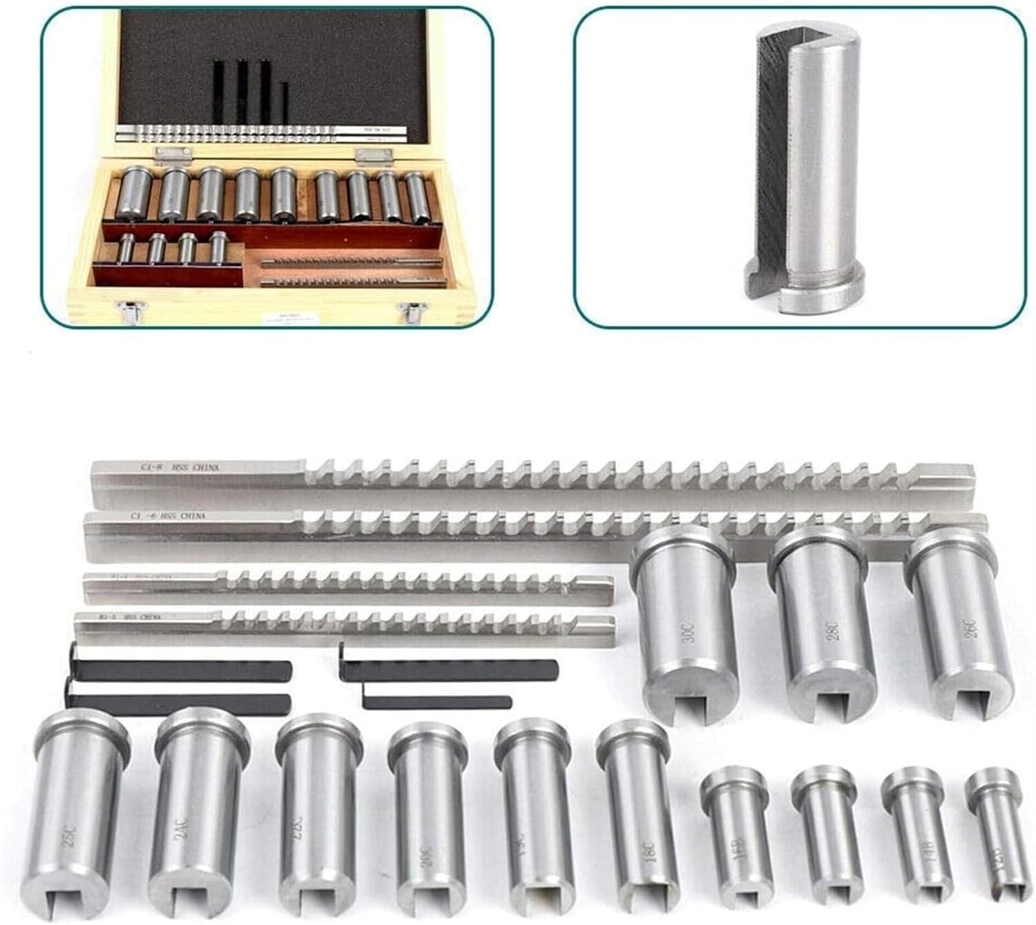 PUCHEN Metal Lathe Wood Splitting Drill Bit Keyway Broach Kit, 22 Pieces Keyway Broach Set with Collar, Shim Sets in Equipped Box, High Speed Steel Material, Industrial Tools, PUCHEN1234