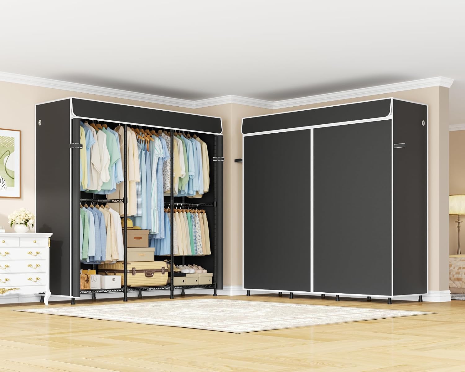 ULIFHOME E14C Heavy Duty Closet Organizer System，Freestanding Clothing Racks for Hanging Clothes，Adjustable Garment Rack 58' W × 16' D × 77' H Hold 860 lbs，Black Rack with Black Dustproof Cover