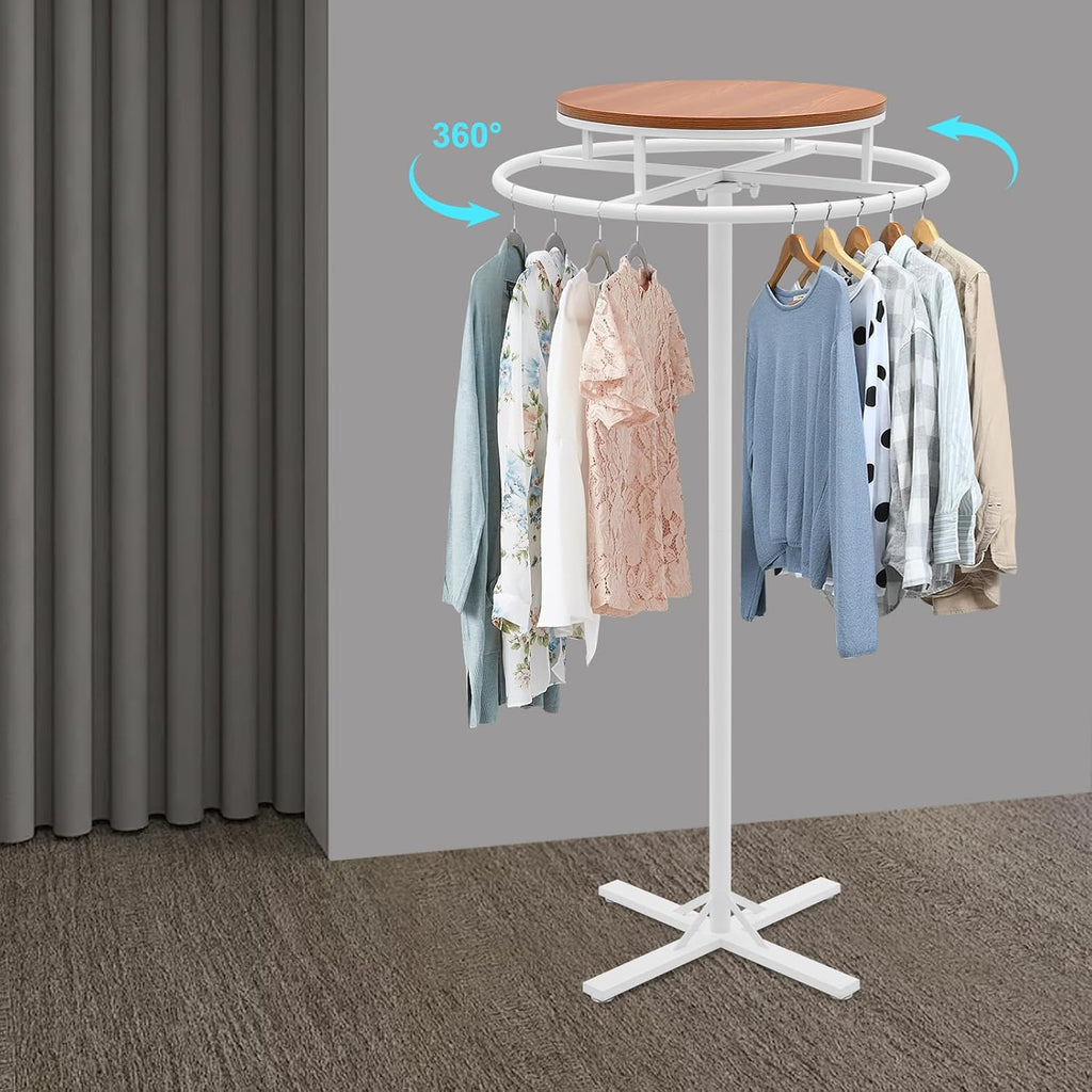 28 * 51 inch Retail Clothing Garment Racks with Display Table, White 360° Rotatable Floor-Standing Clothes Storage Rack for Bedrooms Boutiques Retail Commercial Shop Laundry Room