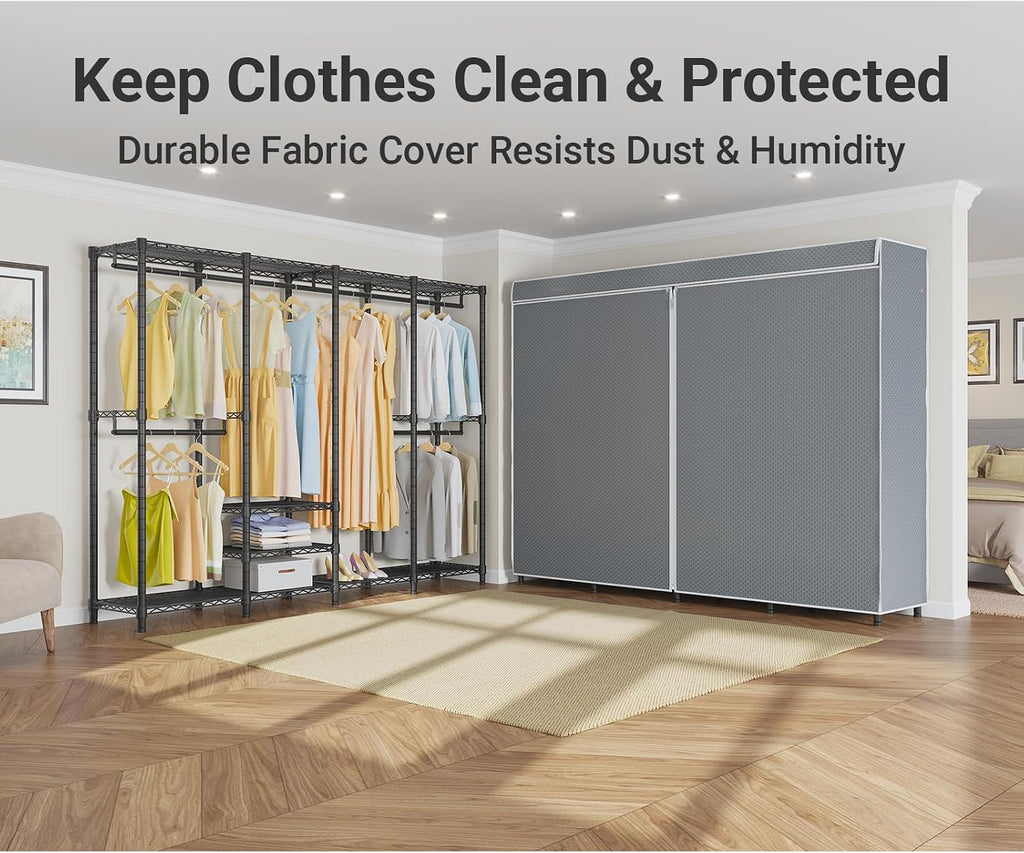 VIPEK V40C Covered Clothing Rack Heavy Duty with Cover, Custom Freestanding Closet Portable Wardrobe for Bedroom, Large Black with Grey Upgraded Polyester Cover