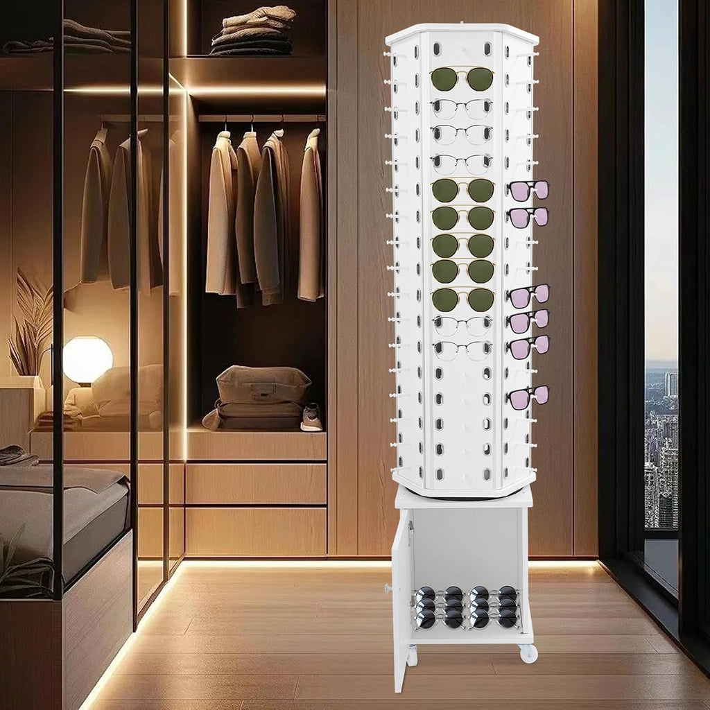 102 Pairs Rotating Glasses Display Stand, Eyewear Storage Organizer with Cabinet & Wheels, Commercial Sunglasses Display Rack, Optical Shop Glasses Holder (White)