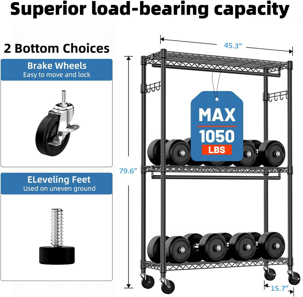 3-Tier High-Strength Rolling Garment Rack Adjustable Wire Shelving Clothing Closet Storage with 2 Hanging Rods Side Hooks Wheels Black 15.7' D x 45.3' W x 79.6' H