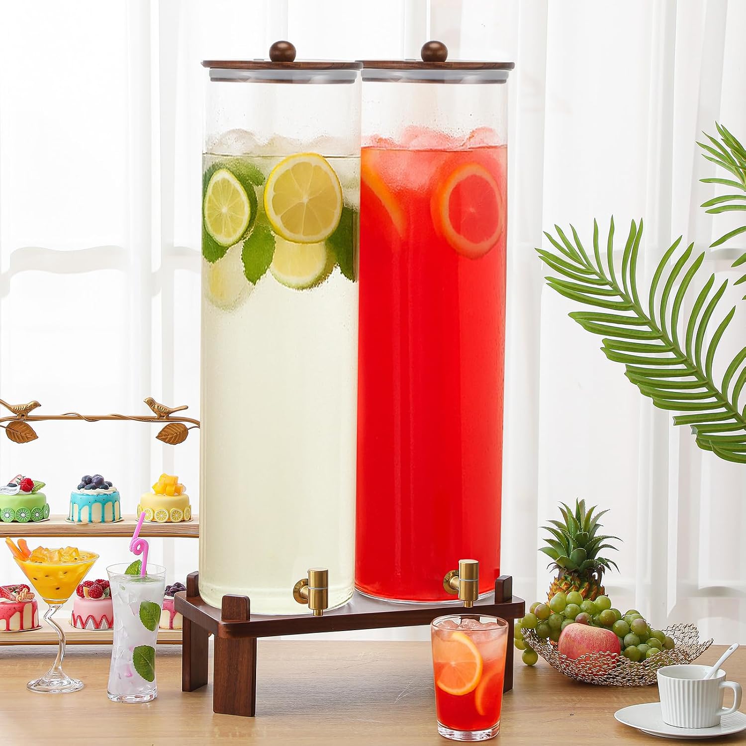 FillTouch 2 Pack 5 Gallon Glass Drink Dispenser with Acacia Wood Stand and Lid, Large Glass Beverage Dispenser with Spigot Perfect for Juice, Tea, Sangria, Lemonade, Weddings, Party, Outdoor Events