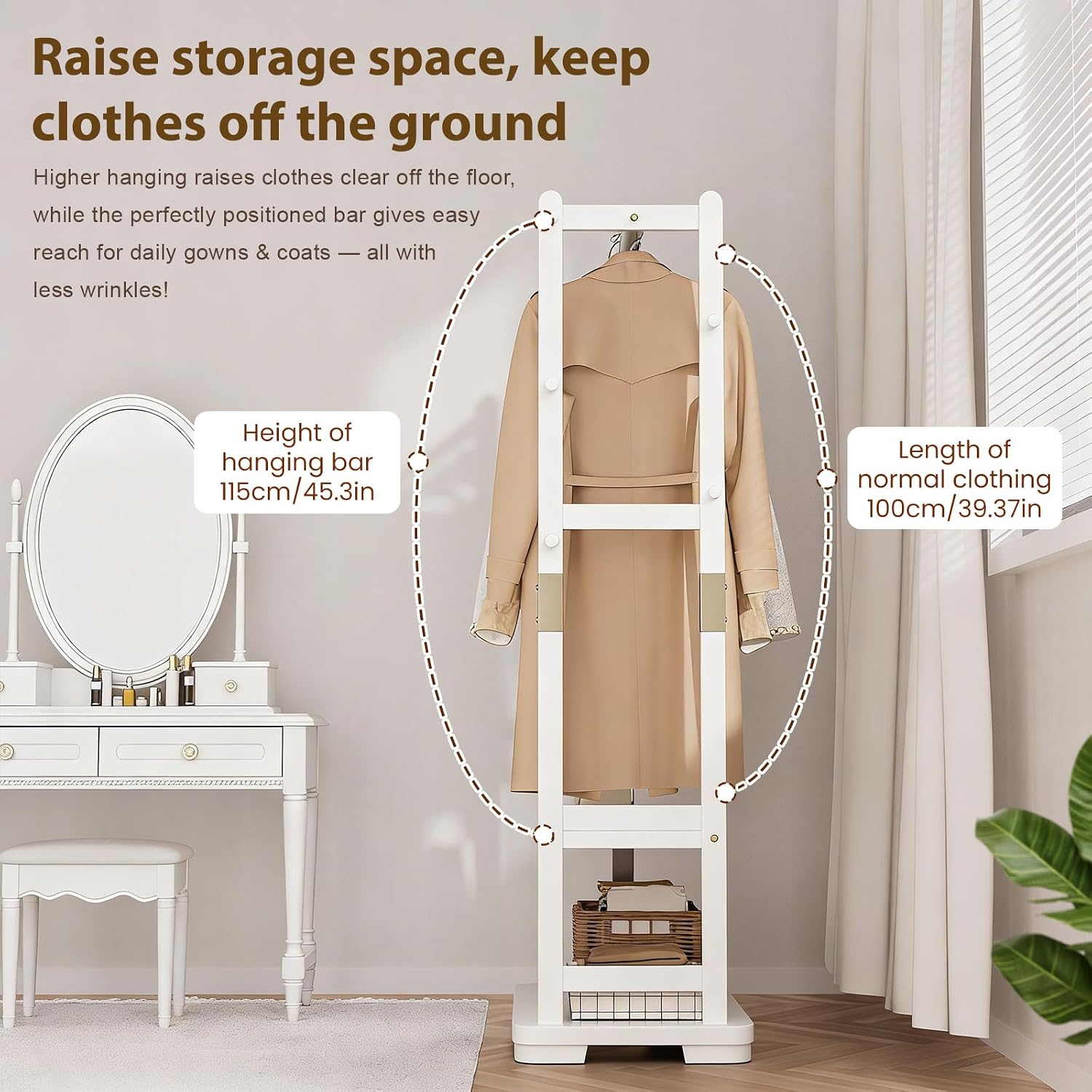 Solid Wood Clothes Rack with 2 Shelves & 4 Hooks for Hanging Clothes Garment Wallets Hats, White Clothing Rack Heavy Duty Coat Rack Freestanding with Storage Hall Tree for Hallway Bedroom Living Room
