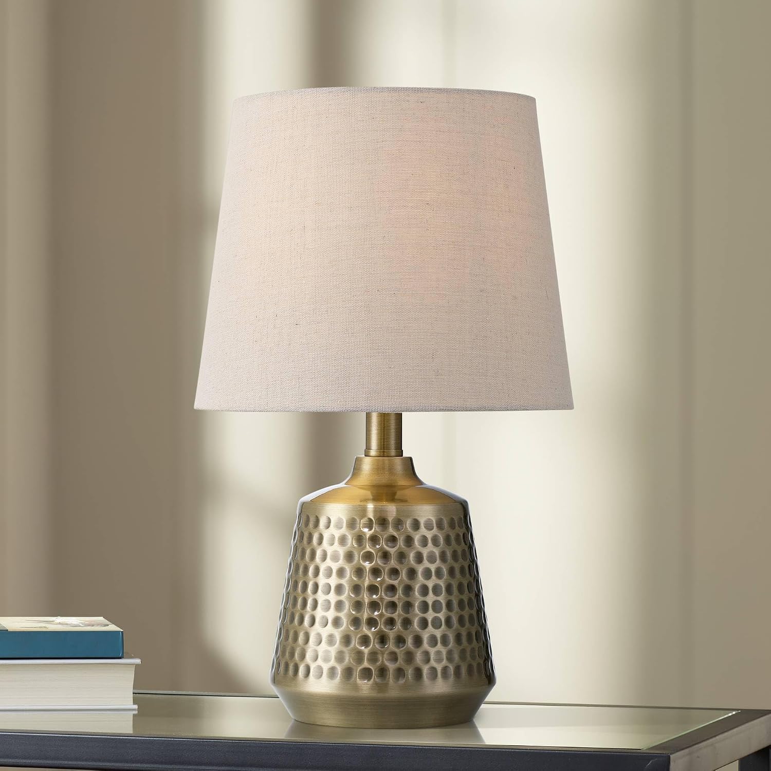 360 Lighting Argus 16' High Small Modern Accent Table Lamps Set of 2 Gold Textured Brass Finish Metal Linen Beige Shade Living Room Bedroom Bedside Nightstand House Office Home Reading Kitchen