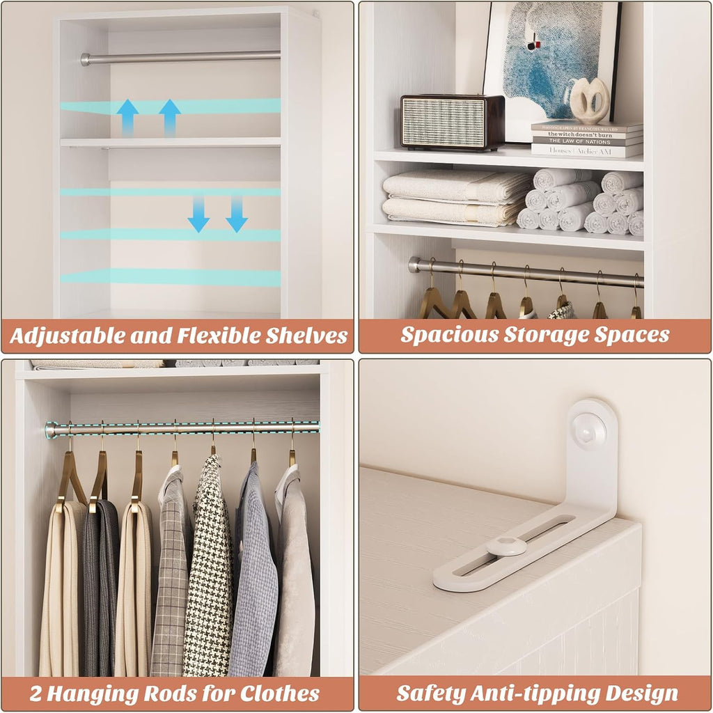 Unikito Freestanding Closet System, 25' Closet Organizer Wardrobe with Hanging Rods & Shelve, Adjustable Clothes Garment Rack, Sturdy Walk in Closet Tower, Easy Assembly, 25' W x 16' D x 80' H, White