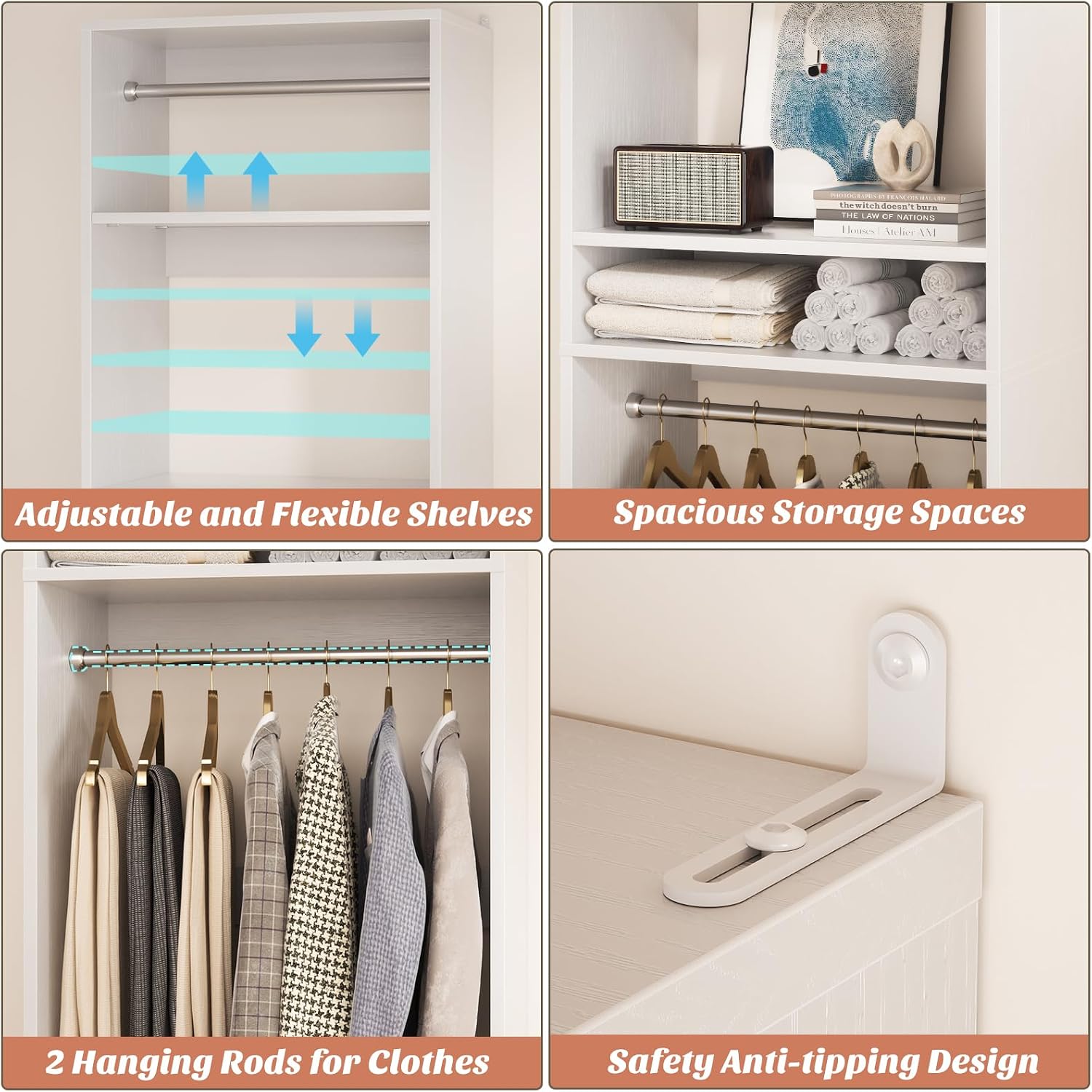 Unikito Freestanding Closet System, 25' Closet Organizer Wardrobe with Hanging Rods & Shelve, Adjustable Clothes Garment Rack, Sturdy Walk in Closet Tower, Easy Assembly, 25' W x 16' D x 80' H, White